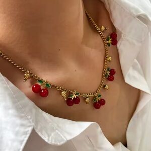 18K GOLD Cherry Charm Necklace 
Stainless Steel Gold Plated